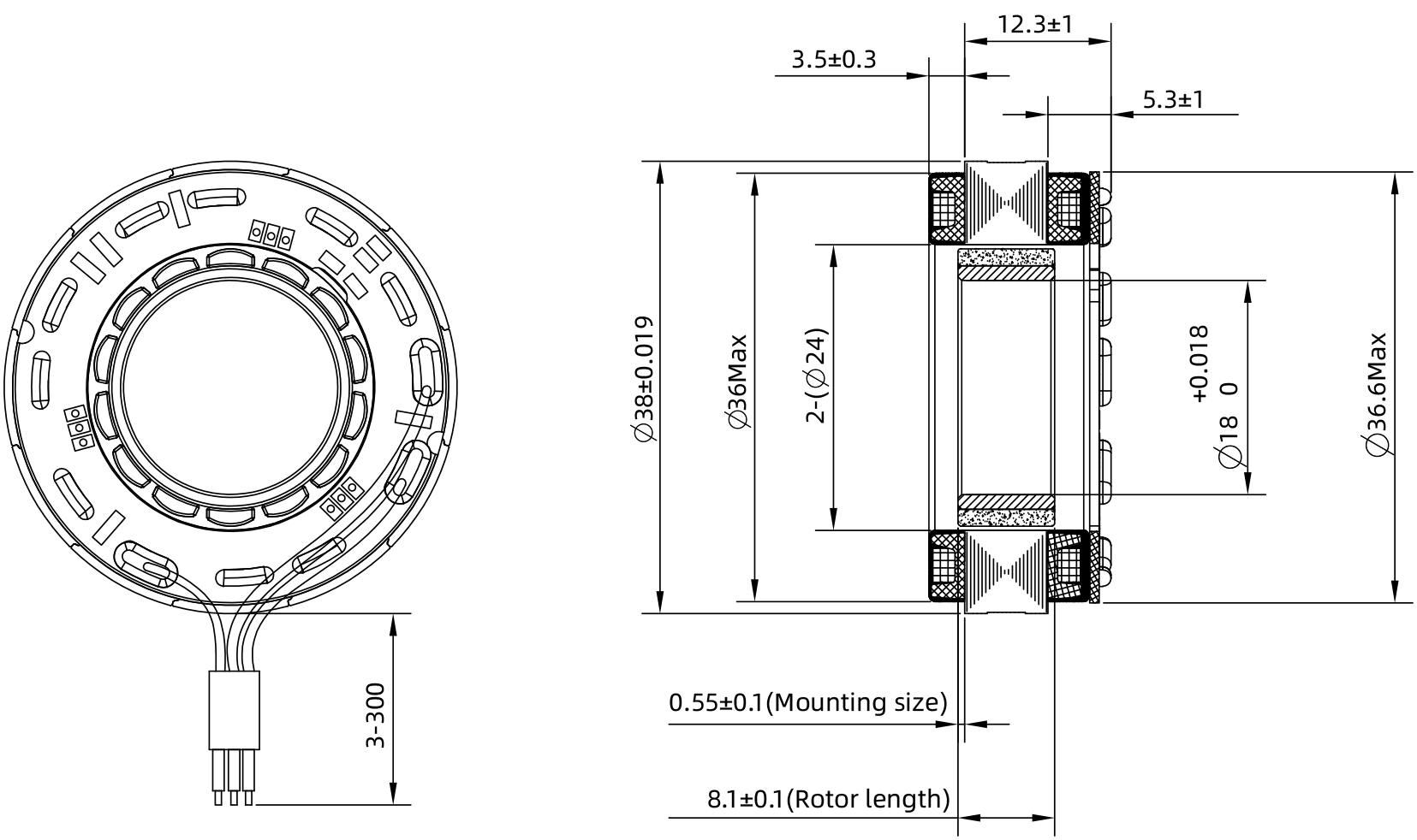 Frameless Motor Size 50mm Dimensional Drawing